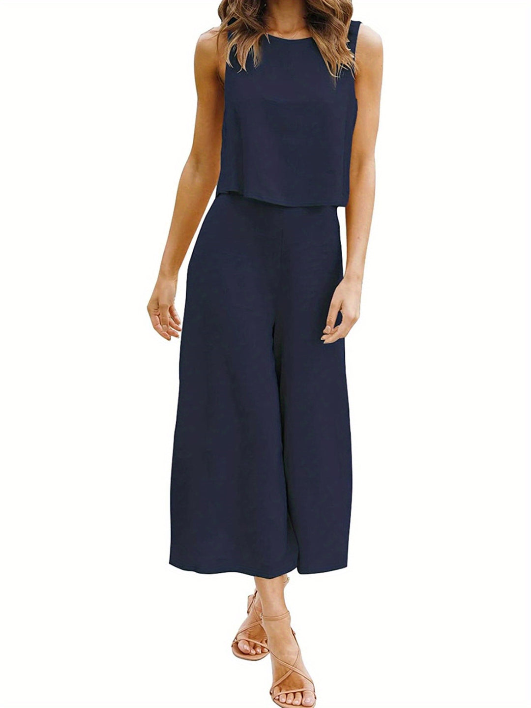 Navy Blue Casual Solid Two-piece Set