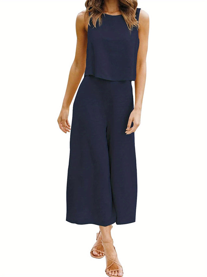 Navy Blue Casual Solid Two-piece Set