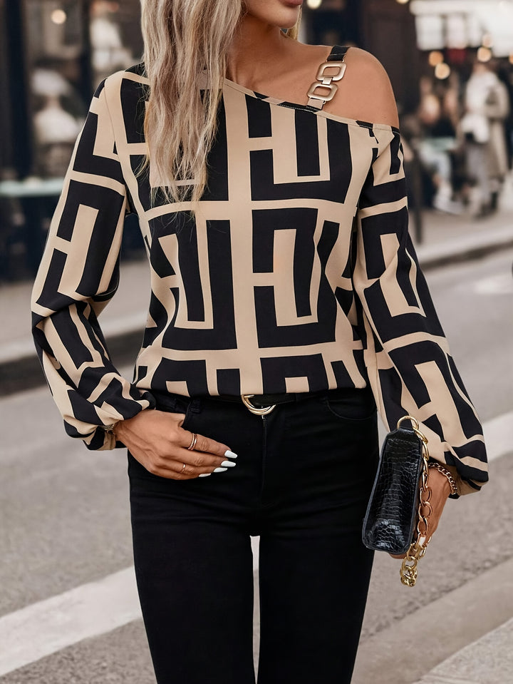 Greek Print Asymmetric Neck Blouse