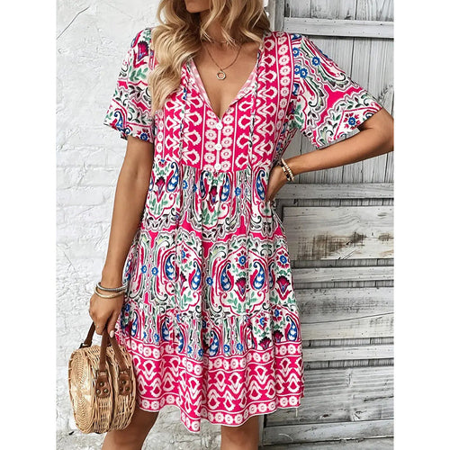 Women Casual Bohemian Drawstring V Neck Floral Dress