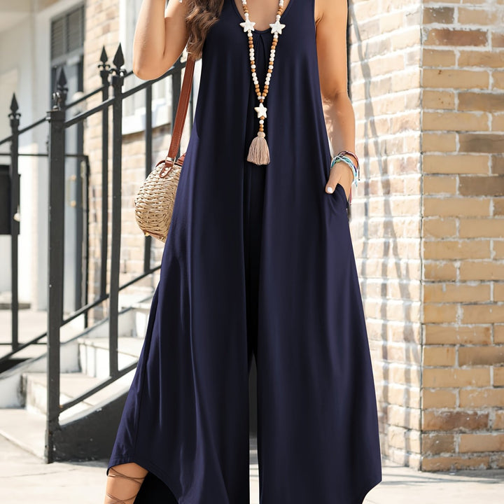 Solid Color Pocket Wide Leg Jumpsuit
