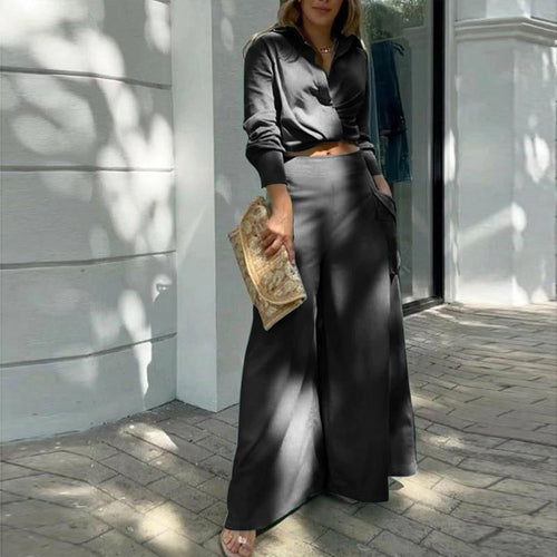 Women Elegant Casual Cross Detail Top And Wide Leg Pants