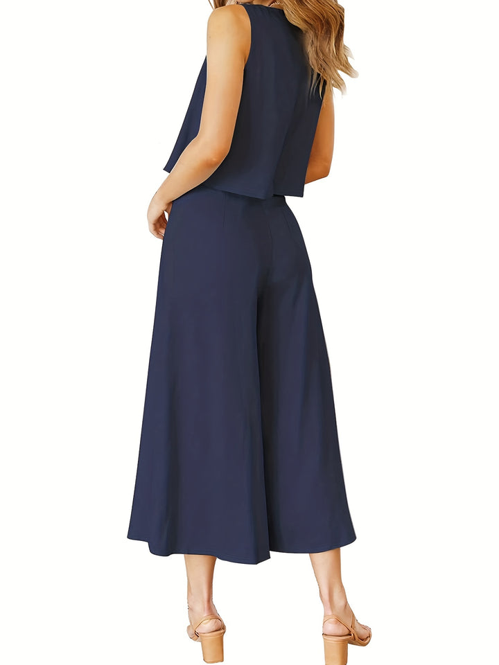 Navy Blue Casual Solid Two-piece Set