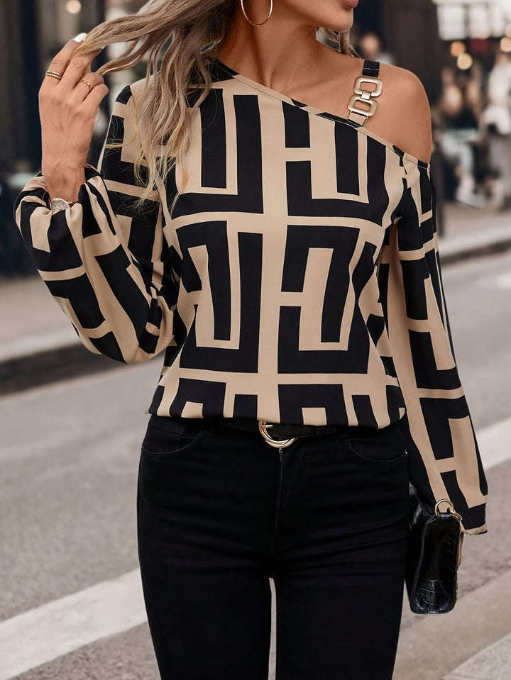 Greek Print Asymmetric Neck Blouse